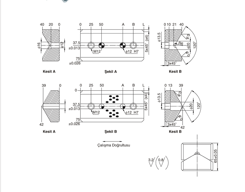 V Blok VB01 (75 mm) teknik çizimi ve ölçü harfleri